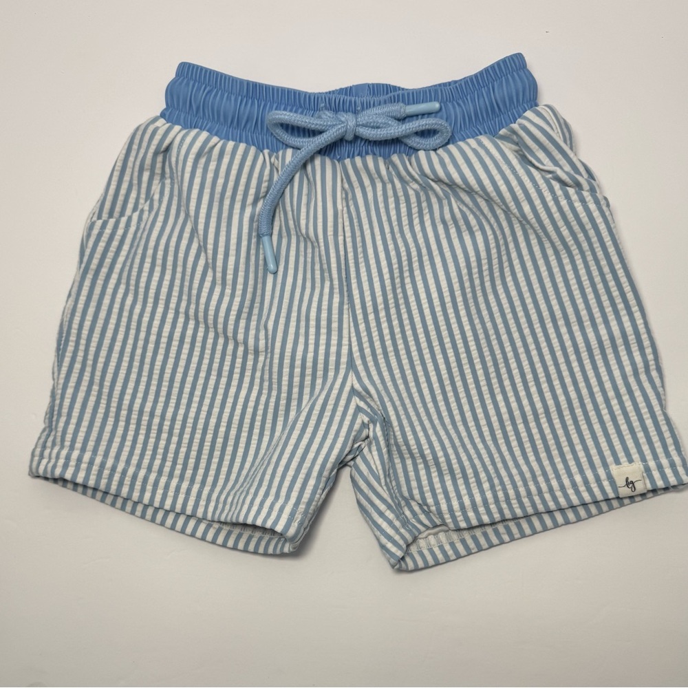 NWT Love & Grow Clothing Ocean Waves Blue Striped Seersucker Swim Trunks Size 3T